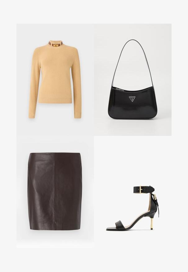 Knit sweater in light beige with long sleeves and a ribbed texture. Features a high collar with a brown accent and a gold clasp.; Brown leather skirt with a straight cut, smooth texture, and minimal stitching. Features a mid-length design without embellishments.; Black leather heeled sandal with a square toe, ankle strap featuring a gold buckle, and a slender metallic heel. Smooth texture, minimalist design.; Black patent leather shoulder bag with a curved shape, featuring a silver triangle logo and a zipper closure. Smooth texture and slim strap.