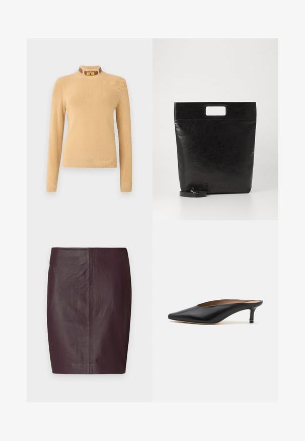 Pull en tricot beige clair avec des manches longues et une texture côtelée. Présente un col haut avec un accent marron et un fermoir doré.; Jupe en cuir bordeaux foncé avec une texture lisse, un design ajusté et une silhouette droite. Présente des coutures minimales et aucun matériel visible.; Mules en cuir noir avec un bout pointu et un petit talon carré. Texture lisse avec un design épuré. Dos ouvert avec un minimum de détails.; Sac fourre-tout en cuir noir avec une poignée carrée, arborant une finition texturée et un logo en relief. Comprend une bandoulière amovible.