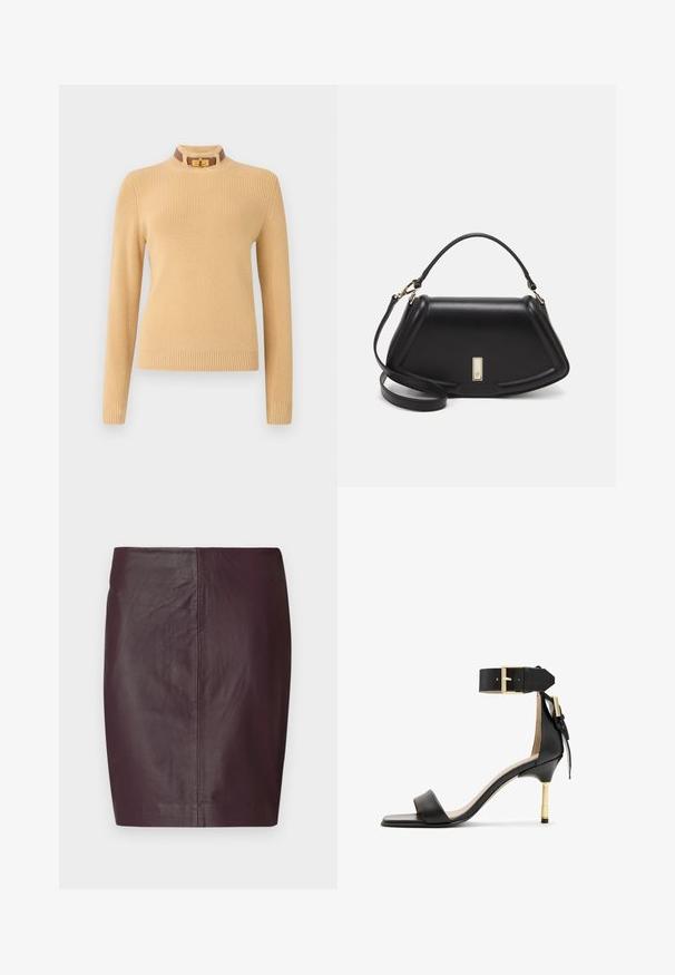 Knit sweater in light beige with long sleeves and a ribbed texture. Features a high collar with a brown accent and a gold clasp.; Dark burgundy leather skirt with a smooth texture, fitted design, and a straight silhouette. Features minimal seams and no visible hardware.; Black leather heeled sandal with a square toe, ankle strap featuring a gold buckle, and a slender metallic heel. Smooth texture, minimalist design.; Black leather handbag with a structured design, featuring a cropped shape, top handle, and gold hardware accent. Adjustable shoulder strap included.