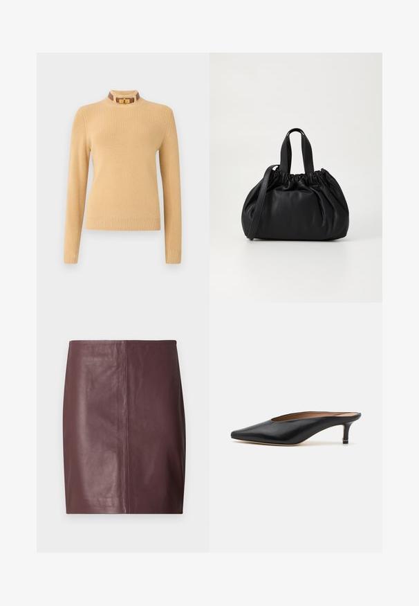 Gestrickter Pullover in hellem Beige mit langen Ärmeln und strukturiertem Rippmuster. Besitzt einen hohen Kragen mit braunem Akzent und einem goldenen Verschluss.; Dunkelbrauner Leder-Bleistiftrock mit einer geraden, glatten Vorderseite und subtilen vertikalen Nahtdetails in der Mitte.; Schwarze Leder-Mules mit spitzem Zehenbereich und niedrigem Blockabsatz. Glatte Textur mit elegantem Design. Offene Rückseite mit minimaler Gestaltung.; Schwarze Lederhandtasche mit einem gerafften Oberteil, ausgestattet mit zwei kurzen Griffen und einem langen verstellbaren Schulterriemen. Glatte Textur, runde Form.