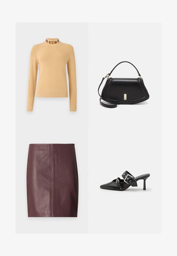 Švarkelis megztas šviesiai kreminės spalvos su ilgomis rankovėmis ir raukšlėtu paviršiumi. Savyje turi aukštą apykaklę su rudos spalvos akcentu ir auksiniu sagtimi.; Tamsiai ruda odinė pieštuko sijonas su tiesiu, lygiu priekiu ir subtiliomis vertikaliomis siūlėmis viduryje.; Juodos aukštakulnės mule bateliai su smailiu pirštu, pagaminti iš lygaus odos. Turi platų kulkšnies dirželį su kvadratiniu sidabro sagtimi ir skulptūromis.; Juoda odinė rankinė su struktūrizuotu dizainu, turi trumpą formą, viršutinę rankeną ir auksinius akcentus. Pridėtas reguliuojamas peties diržas.