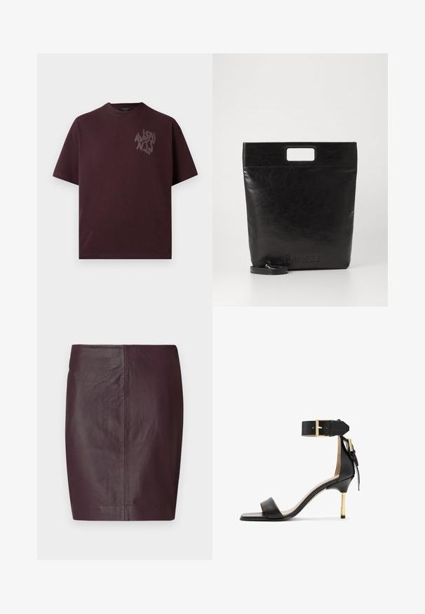 Adīts džemperis gaiši bežā krāsā ar garām piedurknēm un ribotu tekstūru. Iezīmējas ar augstu apkakli brūnā akcentā un zelta aizdari.; Vīnrādas kokvilnas T-krekls ar īsām piedurknēm, apaļu kakla izgriezumu un smalku tumšākas krāsas grafisko logo kreisajā krūtīs.; Tumši bordo ādas svārki ar gludu tekstūru, pieguļošu dizainu un taisnu siluetu. Ar minimālu šuvju skaitu un bez redzamām stiprinājuma detaļām.; Melnas ādas augstpapēžu sandales ar kvadrātveida pirkstiem, potītes siksniņa ar zelta sprādzi un šauru metāla papēdi. Gluda tekstūra, minimāla dizaina.; Melna ādas tote soma ar kvadrātveida rokturi, ar teksturētu apdari un iespiestu logo. Ietver noņemamu siksnu.
