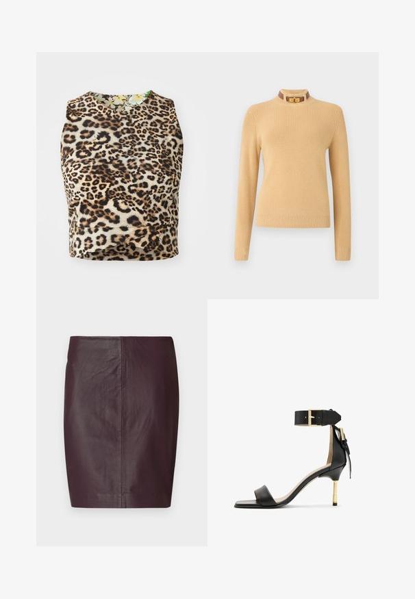 Knit sweater in light beige with long sleeves and a ribbed texture. Features a high collar with a brown accent and a gold clasp.; Leopard print sleeveless top made from soft fabric, featuring a round neckline and floral-patterned inner lining.; Dark burgundy leather skirt with a smooth texture, fitted design, and a straight silhouette. Features minimal seams and no visible hardware.; Black leather heeled sandal with a square toe, ankle strap featuring a gold buckle, and a slender metallic heel. Smooth texture, minimalist design.