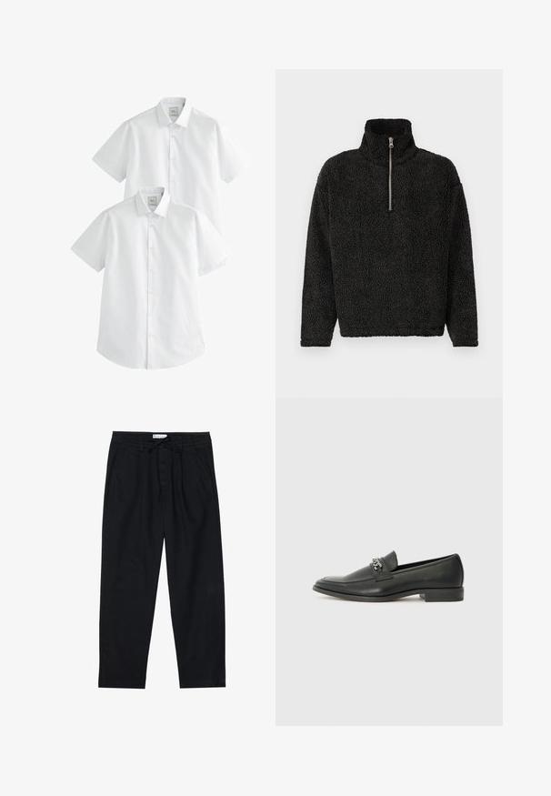 Pullover in felpa nera con colletto alto e zip a un quarto sul davanti. Caratterizzato da un tessuto morbido e texturizzato e maniche lunghe.; Camicie bianche a maniche corte in confezione da due, con colletto button-down e una texture in cotone morbido, progettate per l'abbigliamento casual.; Pier One Chino - black; Mocassino in pelle nera con finitura liscia, caratterizzato da un design cucito e da un accento decorativo in catena metallica sul vamp. Tacco piatto.