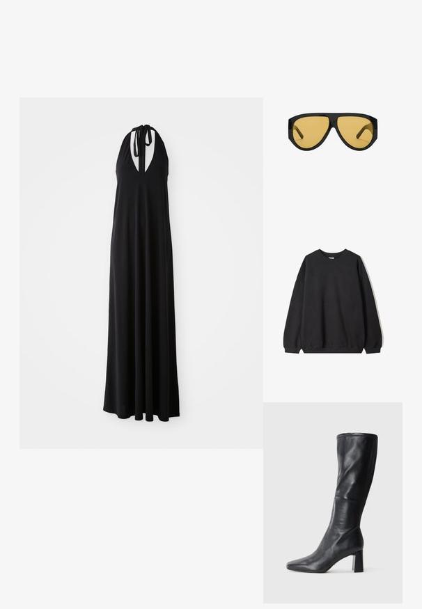Felpa nera oversize con scollo rotondo e maniche lunghe, presentata su uno sfondo bianco. Design semplice e casual.; Abito nero senza maniche con scollatura a V profonda, silhouette fluida, realizzato in morbido tessuto, dotato di lacci regolabili per una vestibilità ottimale.; Stivale in pelle nera al ginocchio con punta affusolata e tacco largo. Texture liscia con un design elegante e dettagli di cucitura sottili.; Occhiali da sole con una struttura in plastica nera elegante e lenti gialle, caratterizzati da una forma angolare distintiva e grandi tempie per una maggiore copertura.; Borsa in pelliccia sintetica di color grigio chiaro con una superficie morbida e testurizzata. Forma unica e morbida con un manico ad anello per il trasporto.