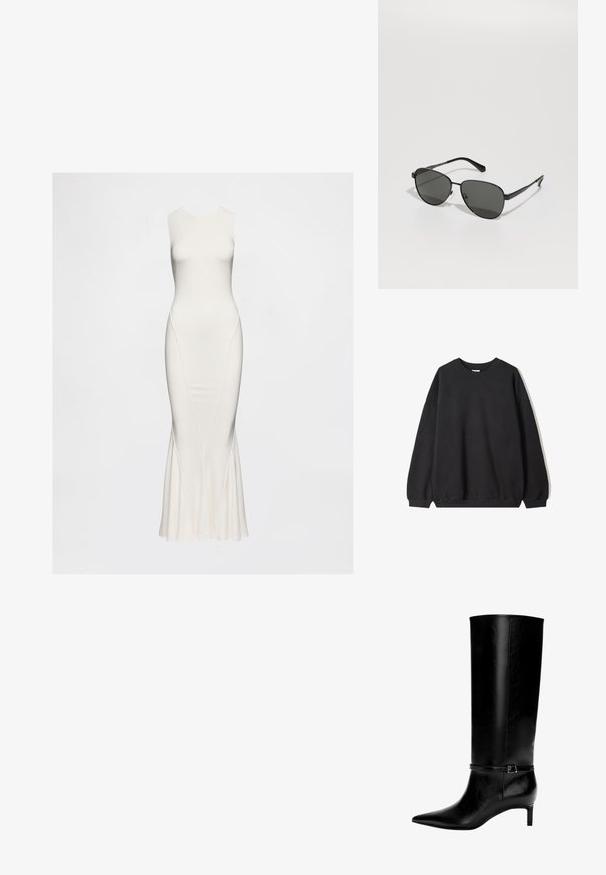 Czarny, oversize sweter z okrągłym dekoltem i długimi rękawami, prezentowany na białym tle. Prosty i casualowy design.; Biała sukienka bez rękawów, wykonana z gładkiego materiału. Posiada dopasowaną górę i rozszerzający się dół z subtelnymi bocznymi szwami. Długa i elegancka sylwetka.; Czarne skórzane wysokie botki z ostrym noskiem i niskim obcasem. Posiadają wąski pasek z metalową klamrą wokół kostki. Gładka tekstura.; Czarne okulary przeciwsłoneczne w metalowej ramie z szarymi soczewkami, o owalnym kształcie, cienkich ramionach i regulowanych noskach. Minimalistyczny design.; Czarna skórzana torebka w unikalnym kształcie wachlarza, z płaskimi uchwytami. Powierzchnia ma fakturę kamyków i minimalistyczny design.