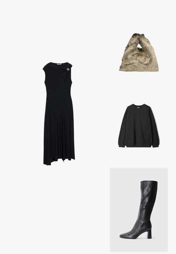 Felpa nera oversize con scollo rotondo e maniche lunghe, presentata su uno sfondo bianco. Design semplice e casual.; Abito nero realizzato in tessuto morbido, caratterizzato da un design a spalla unica, gonna drappeggiata e una spilla decorativa in argento sulla spalla.; Stivale in pelle nera al ginocchio con punta affusolata e tacco largo. Texture liscia con un design elegante e dettagli di cucitura sottili.; Borsa in pelliccia sintetica di color grigio chiaro con una superficie morbida e testurizzata. Forma unica e morbida con un manico ad anello per il trasporto.