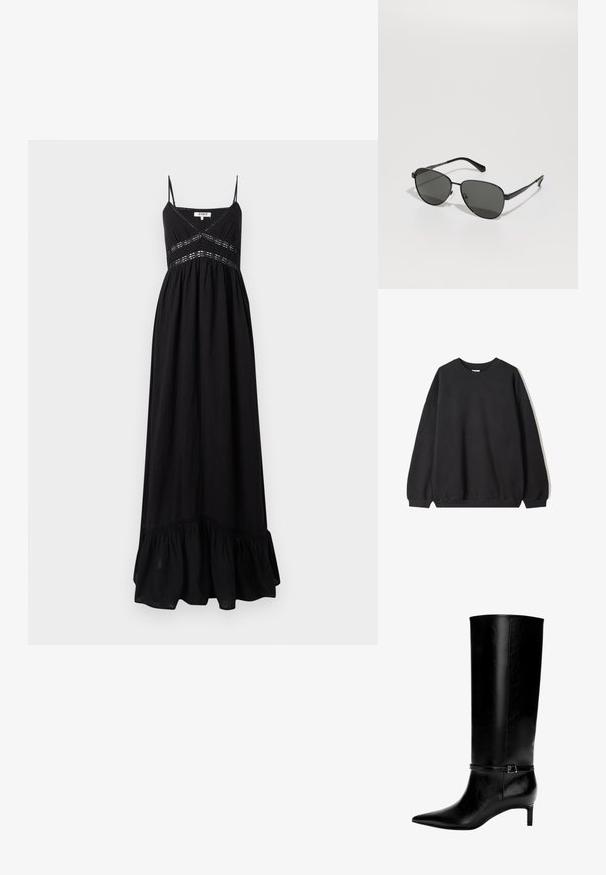 Hanorac negru oversized cu guler rotund și mâneci lungi, expus pe un fundal alb. Design simplu și casual.; Rochie maxi neagră, cu bretele subțiri ajustabile, având un bust ajustat, detalii brodate la talie și un tiv evazat cu volane.; Cizme negre din piele, până la genunchi, cu vârf ascuțit și tocul mic. Prezentă o curea îngustă cu o cataramă metalică în jurul gleznei. Textură netedă.; Ochelari de soare cu ramă neagră din metal, cu lentile gri, având o formă ovală, brațe subțiri și pernițe pentru nas ajustabile. Design minimalist.; Geantă de piele neagră cu o formă unică de evantai, având mânere plate. Suprafața are o textură cu mici granule și un design minimalist.