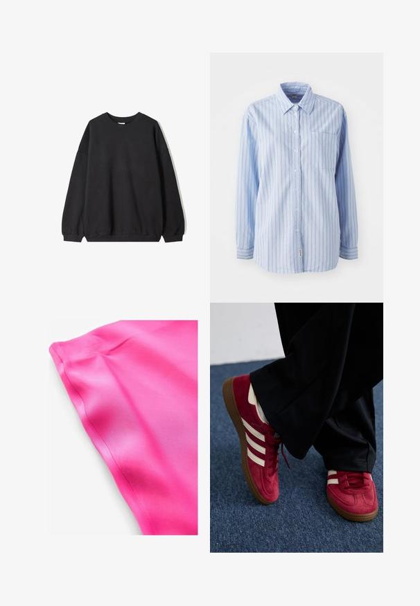 Fekete, oversized pulóver, kerek nyakkal és hosszú ujjakkal, fehér háttér előtt bemutatva. Egyszerű és laza dizájn.; Világoskék gombos ing függőleges csíkokkal, hosszú ujjakkal, mellzsebekkel és logós címkével az alján. Puha anyag sima tapintással.; Fényes rózsaszín selyemszövet sima textúrával, tiszta éllel és enyhe fényességgel. Nincsenek látható minták vagy további részletek.; Piros velúr sneaker fehér csíkokkal, fűzős kialakítással és textúrázott barna gumitalppal. Fekete nadrággal viselve, kék szőnyegre állítva.