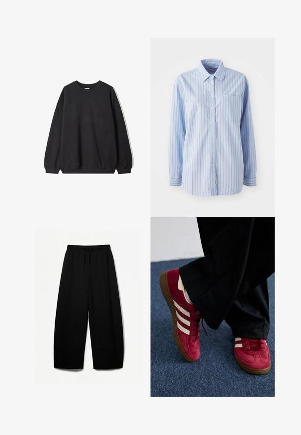 Fekete, oversized pulóver, kerek nyakkal és hosszú ujjakkal, fehér háttér előtt bemutatva. Egyszerű és laza dizájn.; Világoskék gombos ing függőleges csíkokkal, hosszú ujjakkal, mellzsebekkel és logós címkével az alján. Puha anyag sima tapintással.; Fekete, bő szárú nadrág rugalmas derékkal és húzózsinórral. Puha anyag, sima felülettel. Egyenes szabás, oldalsó varrással.; Piros velúr sneaker fehér csíkokkal, fűzős kialakítással és textúrázott barna gumitalppal. Fekete nadrággal viselve, kék szőnyegre állítva.