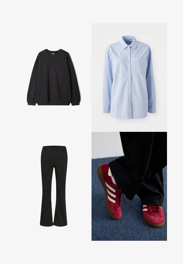 Fekete, oversized pulóver, kerek nyakkal és hosszú ujjakkal, fehér háttér előtt bemutatva. Egyszerű és laza dizájn.; Világoskék gombos ing függőleges csíkokkal, hosszú ujjakkal, mellzsebekkel és logós címkével az alján. Puha anyag sima tapintással.; Fekete bővülő farmernadrág sima textúrával, klasszikus ötpocket dizájnnal és fémből készült gombos zárással. Feszes derékkal készült.; Piros velúr sneaker fehér csíkokkal, fűzős kialakítással és textúrázott barna gumitalppal. Fekete nadrággal viselve, kék szőnyegre állítva.