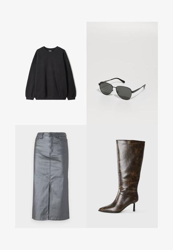 Črni oversize pulover s krožnim izrezom in dolgimi rokavi, prikazan na beli podlagi. Preprost in sproščen dizajn.; Bela srajca z dolgimi rokavi z gumbi, s koničastim ovratnikom in ukrivljenim robom, prikazana na enobarvnem ozadju.; Metalna siva jeans krila s ravno obliko, sprednjim razporkom, zasnovo s petimi žepi in zapiranjem na gumb v pasu. Vidni so ravni šivi.; Rjave poškodovane usnjene škornje do kolen s koničastim nosom in tankim špicastim peto na belem ozadju.; Sončna očala z črnim kovinskim okvirjem in sivo lečo, ovalne oblike, s tankimi ročaji in nastavljivimi nosnimi blazinicami. Minimalističen dizajn.; Črna usnjena torbica z edinstveno obliko ventilatorja, z ravnimi ročaji. Površina ima teksturo z drobnimi kamni in minimalističen dizajn.