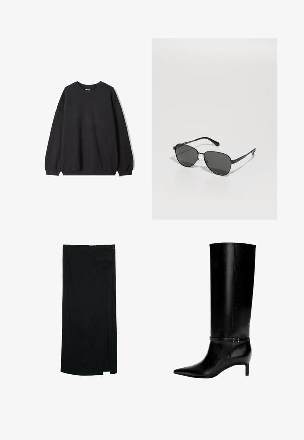 Sweat-shirt noir surdimensionné avec un col ras du cou et des manches longues, présenté sur un fond blanc. Design simple et décontracté.; Chemise blanche à manches longues avec un col pointu et un ourlet arrondi, présentée sur un fond uni.; Jupe noire, longueur genou, avec une fente sur le côté, fabriquée en tissu léger avec une texture lisse et un design simple. Fermeture éclair à la taille.; Botte en cuir noir montante jusqu'au genou avec un bout pointu et un petit talon. Présente une sangle étroite avec une boucle métallique autour de la cheville. Texture lisse.; Lunettes de soleil avec monture noire en métal et verres gris, présentant une forme ovale, des branches fines et des plaquettes de nez ajustables. Design minimaliste.; Sac à main en cuir noir avec une forme de éventail unique, doté de poignées plates. La surface présente une texture granuleuse et un design minimaliste.