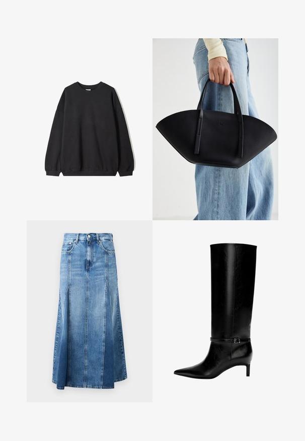 Svart oversized sweatshirt med rund hals och långa ärmar, uppvisad mot en vit bakgrund. Enkel och avslappnad design.; Vit långärmad skjorta med knappar, spetskrage och rundad nederkant, uppvisad mot en enfärgad bakgrund.; Denimkjol med en ljus till mörkblå gradient, knälång, med rak passform, framtida slitsar och klassisk knäppning med knapp och dragkedja.; Svart läder knähöga stövlar med spetsig tå och en liten klack. Har ett smalt band med en metallspänne runt vristen. Slät yta.; Svart läderhandväska med en unik fläktform, som har platta handtag. Ytan har en pebblad textur och en minimalistisk design.