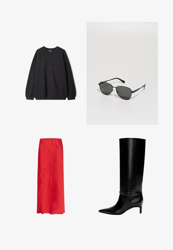 Črni oversize pulover s krožnim izrezom in dolgimi rokavi, prikazan na beli podlagi. Preprost in sproščen dizajn.; Bela srajca z dolgimi rokavi z gumbi, s koničastim ovratnikom in ukrivljenim robom, prikazana na enobarvnem ozadju.; Rdeča maksi krila iz lahkotnega materiala, z elastičnim pasom in gladkim, tekočim dizajnom. Brez vzorcev ali okrasitev.; Črne usnjene zimske škornje do kolen s koničastim nosom in majhno peto. Imajo ozko zaponko z kovinsko zaponko okoli gležnja. Gladka tekstura.; Sončna očala z črnim kovinskim okvirjem in sivo lečo, ovalne oblike, s tankimi ročaji in nastavljivimi nosnimi blazinicami. Minimalističen dizajn.; Črna usnjena torbica z edinstveno obliko ventilatorja, z ravnimi ročaji. Površina ima teksturo z drobnimi kamni in minimalističen dizajn.