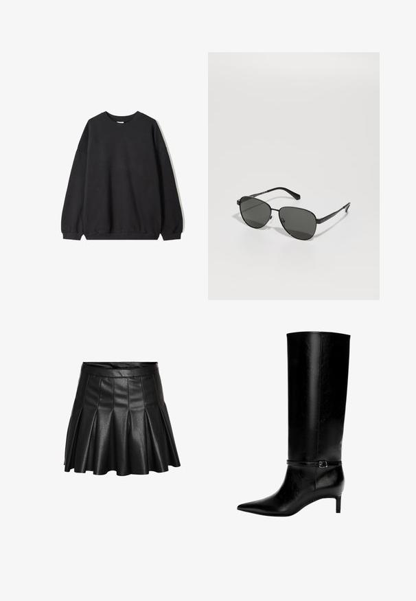 Čierna voľná mikina s okrúhlym výstrihom a dlhými rukávmi, vystavená na bielom pozadí. Jednoduchý a neformálny dizajn.; Biela košeľa s dlhým rukávom a zapínaním na gombíky, s ostrým golierom a zakriveným lemom, vystavená na jednoliatom pozadí.; Čierna plisovaná sukňa z umelej kože, s priliehavým pásom a rozšíreným lemom. Hladká textúra s lesklým povrchom.; Čierne kožené čižmy po kolená s špicatou špičkou a malým opätkom. Obsahujú úzku pracku s kovovou sponou okolo členka. Hladký povrch.; Čierne slnečné okuliare s kovovým rámom a šedými sklami, ovalným tvarom, tenkými bočnicami a nastaviteľnými nosovými podložkami. Minimalistický dizajn.; Čierna kožená kabelka s jedinečným tvarom ventilátora, so plochými držadlami. Povrch má štruktúru s brúseným efektom a minimalistic design.