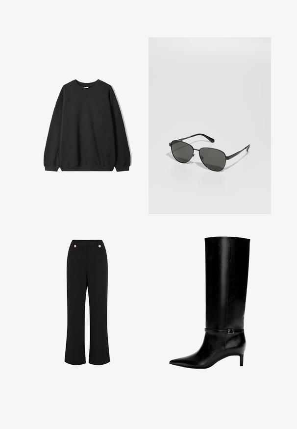 Zwarte oversized sweatshirt met een ronde hals en lange mouwen, weergegeven tegen een witte achtergrond. Eenvoudig en casual ontwerp.; Witte lange mouwen button-up shirt met een puntige kraag en een ronde zoom, gepresenteerd tegen een effen achtergrond.; Zwarte wijde broek met een soepele textuur, met een hoge taille, twee goudkleurige knopen en een getailleerd ontwerp. Geen zichtbare zakken.; Zwarte leren laarzen tot de knie met een spitse neus en een kleine hak. Voorzien van een smalle band met een metalen gesp rond de enkel. Effen textuur.; Zwarte metalen zonnebril met grijze lenzen, met een ovale vorm, dunne armen en verstelbare neusvleugels. Minimalistisch ontwerp.; Zwarte leren handtas met een unieke waaier vorm, voorzien van platte handvatten. Het oppervlak heeft een gewelfde textuur en een minimalistisch ontwerp.