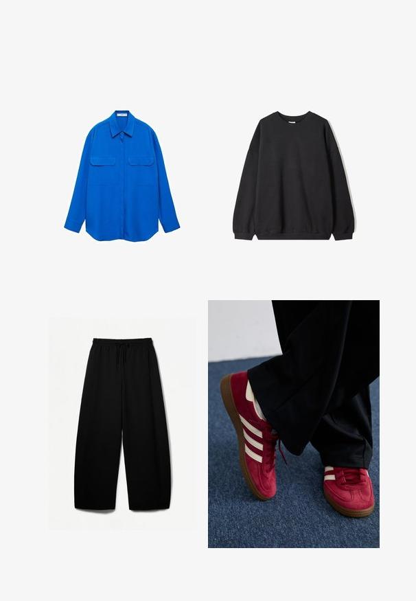 Felpa nera oversize con scollo rotondo e maniche lunghe, presentata su uno sfondo bianco. Design semplice e casual.; Camicia blu a maniche lunghe con colletto, due tasche frontali e taglio dritto. Realizzata in tessuto liscio con un colore uniforme e senza fantasie.; Pantaloni neri a gamba larga con vita elastica e cordoncino. Tessuto morbido con una superficie liscia. Taglio dritto con cuciture laterali.; Sneaker in suede rosso con strisce bianche, design con lacci e suola in gomma marrone testurizzata. Indossato con pantaloni neri, su un tappeto blu.