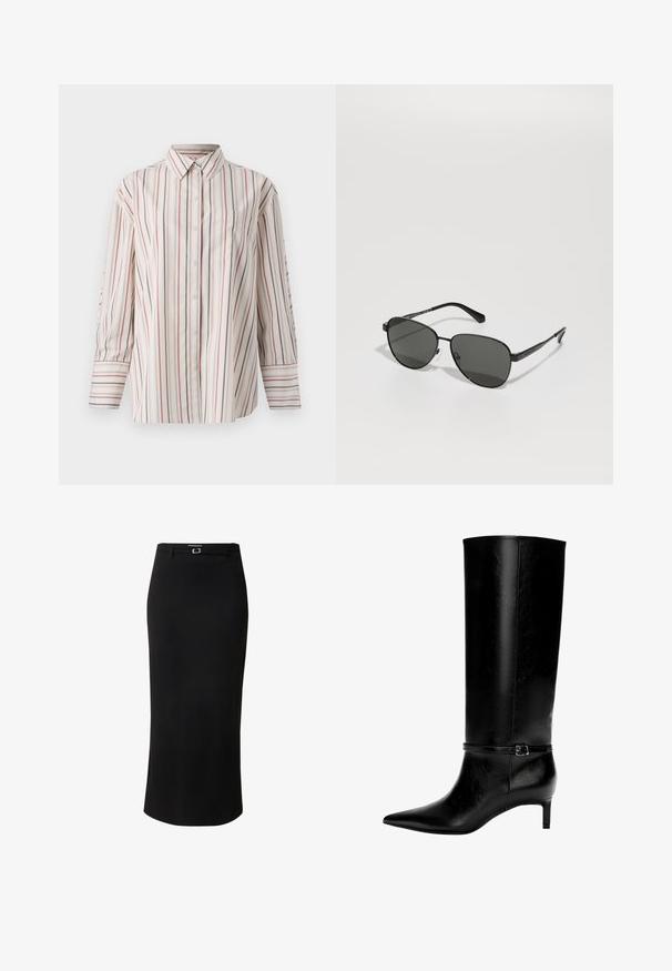 Schwarzes oversized Sweatshirt mit Rundhalsausschnitt und langen Ärmeln, vor einem weißen Hintergrund präsentiert. Einfaches und lässiges Design.; Hemd in creme mit vertikalen Streifen in Rot und Marine. Mit einer Brusttasche, Kragen und langen Ärmeln mit Manschetten.; Schwarzer Bleistiftrock aus glattem Stoff, mit einem mittellangen Design, Gürtelschlaufen und einem rechteckigen silberfarbenen Schnallendetail.; Schwarze Lederstiefel bis zum Knie mit spitzer Zehe und kleinem Absatz. Verfügt über einen schmalen Riemen mit einer metallischen Schnalle am Knöchel. Glatte Textur.; Schwarze Sonnenbrille mit Metallrahmen und grauen Gläsern, ovaler Form, dünnen Bügeln und verstellbaren Nasenpads. Minimalistisches Design.; Schwarze Lederhandtasche mit einzigartiger Fächerform, ausgestattet mit flachen Griffen. Die Oberfläche hat eine genoppte Textur und ein minimalistisches Design.