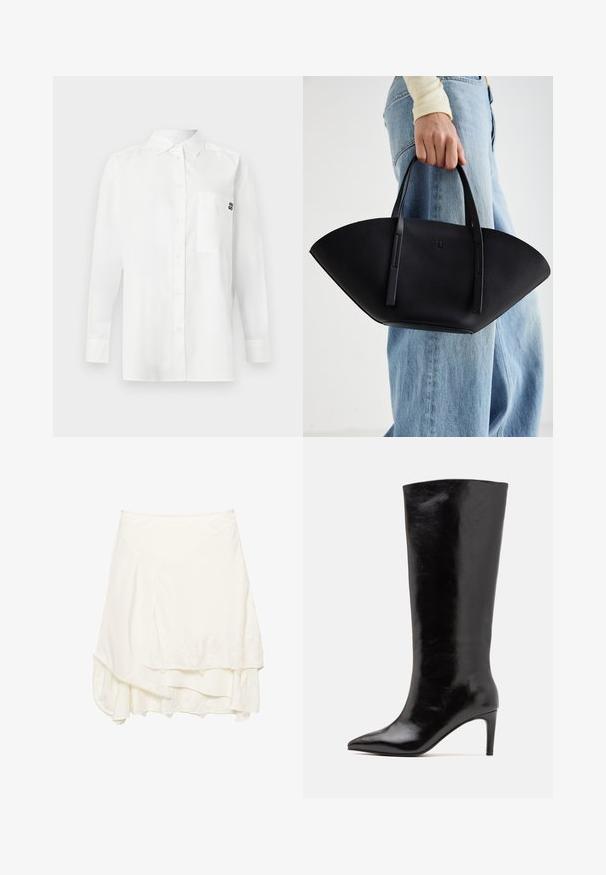 Schwarzes oversized Sweatshirt mit Rundhalsausschnitt und langen Ärmeln, vor einem weißen Hintergrund präsentiert. Einfaches und lässiges Design.; Weißes Langarmhemd aus Baumwollmischgewebe mit einem Button-Down-Kragen, einer Brusttasche und einem kleinen schwarzen Logo auf der Brust.; Weißer Wickelrock mit schichtweisem Design, der mit strukturierten Spitzendetails entlang des Saums, weichem Stoff und einer fließenden Silhouette versehen ist.; Call it Spring RHODDE - High Heel Stiefel - black; Schwarze Lederhandtasche mit einzigartiger Fächerform, ausgestattet mit flachen Griffen. Die Oberfläche hat eine genoppte Textur und ein minimalistisches Design.