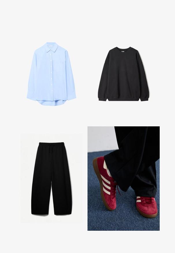 Black oversized sweatshirt with a crew neck and long sleeves, displayed against a white background. Simple and casual design.; Light blue button-up shirt with long sleeves, collar, front pocket, and rounded hem. Made of smooth fabric with a solid texture.; Black wide-leg pants with an elastic waistband and drawstring. Soft fabric with a smooth texture. Straight cut with side seams.; Red suede sneaker with white stripes, lace-up design, and textured brown rubber sole. Worn with black pants, set against blue carpet.