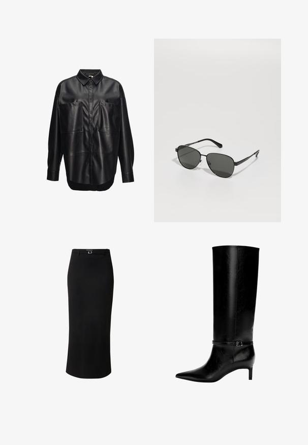 Schwarzes oversized Sweatshirt mit Rundhalsausschnitt und langen Ärmeln, vor einem weißen Hintergrund präsentiert. Einfaches und lässiges Design.; Schwarzes Lederhemd mit Knöpfen, breitem Kragen, zwei großen Brusttaschen und lockerer Passform. Glatte Textur und leicht abgerundeter Saum.; Schwarzer Bleistiftrock aus glattem Stoff, mit einem mittellangen Design, Gürtelschlaufen und einem rechteckigen silberfarbenen Schnallendetail.; Schwarze Lederstiefel bis zum Knie mit spitzer Zehe und kleinem Absatz. Verfügt über einen schmalen Riemen mit einer metallischen Schnalle am Knöchel. Glatte Textur.; Schwarze Sonnenbrille mit Metallrahmen und grauen Gläsern, ovaler Form, dünnen Bügeln und verstellbaren Nasenpads. Minimalistisches Design.; Schwarze Lederhandtasche mit einzigartiger Fächerform, ausgestattet mit flachen Griffen. Die Oberfläche hat eine genoppte Textur und ein minimalistisches Design.