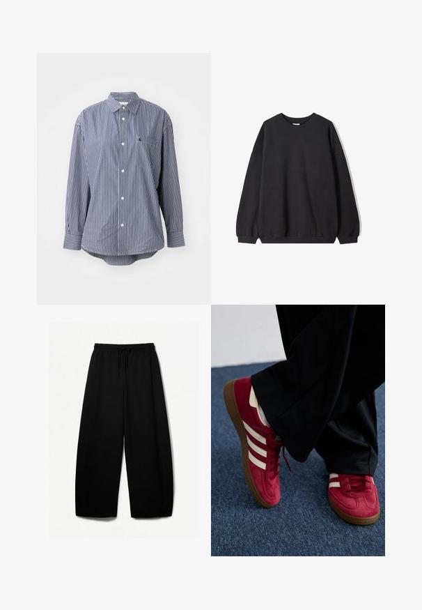 Black oversized sweatshirt with a crew neck and long sleeves, displayed against a white background. Simple and casual design.; Navy and white striped long-sleeve shirt with a classic collar, front pocket, and button closure. Soft fabric with a smooth texture.; Black wide-leg pants with an elastic waistband and drawstring. Soft fabric with a smooth texture. Straight cut with side seams.; Red suede sneaker with white stripes, lace-up design, and textured brown rubber sole. Worn with black pants, set against blue carpet.