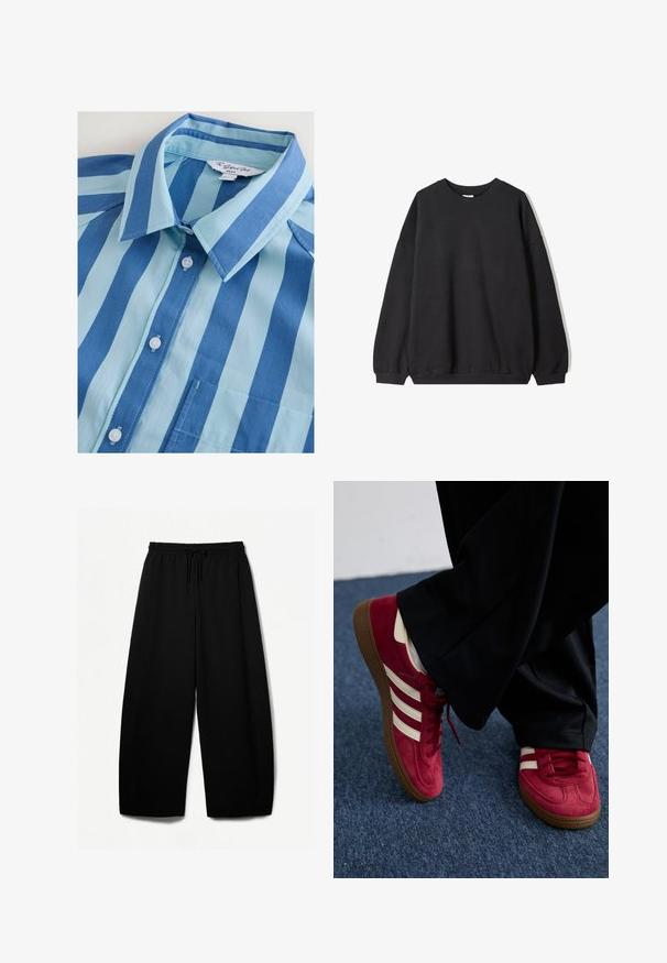 Sweat-shirt noir surdimensionné avec un col ras du cou et des manches longues, présenté sur un fond blanc. Design simple et décontracté.; Chemise à rayures bleues et bleu clair avec un col, six boutons et une poche poitrine, fabriquée dans un tissu lisse.; Pantalons larges noirs avec une taille élastique et un cordon de serrage. Tissu doux avec une texture lisse. Coupe droite avec des coutures latérales.; Baskets en suède rouge avec des rayures blanches, design à lacets et semelle en caoutchouc marron texturée. Portées avec un pantalon noir, sur un tapis bleu.