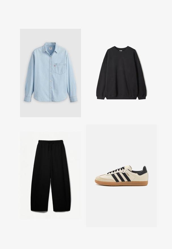 Schwarzes oversized Sweatshirt mit Rundhalsausschnitt und langen Ärmeln, vor einem weißen Hintergrund präsentiert. Einfaches und lässiges Design.; Hellblaue Denim-Hemd mit spitzem Kragen, langen Ärmeln, Knopfverschluss und einer Brusttasche mit einem kleinen Logolabel.; Schwarze weit geschnittene Hosen mit elastischem Bund und Kordelzug. Weicher Stoff mit glatter Textur. Gerader Schnitt mit Seitennähten.; Beige Sport Schuh mit schwarzen Streifen, Gummisohle und schwarzen Akzenten. Verfügt über ein Obermaterial aus glattem Leder und ein rundes Zehendesign.