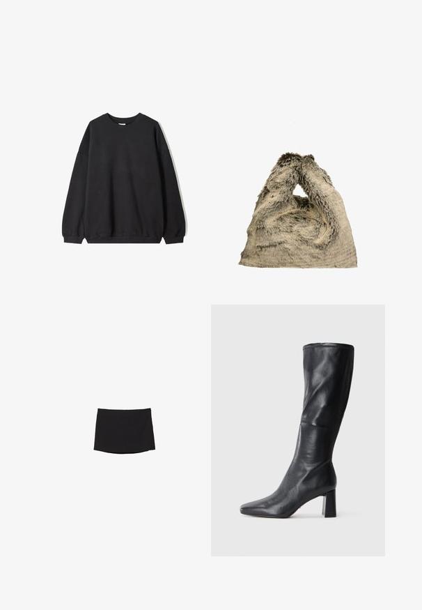 Felpa nera oversize con scollo rotondo e maniche lunghe, presentata su uno sfondo bianco. Design semplice e casual.; Minigonna nera realizzata in tessuto morbido e elasticizzato; presenta una linea dritta con un orlo discreto e senza chiusure o motivi visibili.; Stivale in pelle nera al ginocchio con punta affusolata e tacco largo. Texture liscia con un design elegante e dettagli di cucitura sottili.; Borsa in pelliccia sintetica di color grigio chiaro con una superficie morbida e testurizzata. Forma unica e morbida con un manico ad anello per il trasporto.