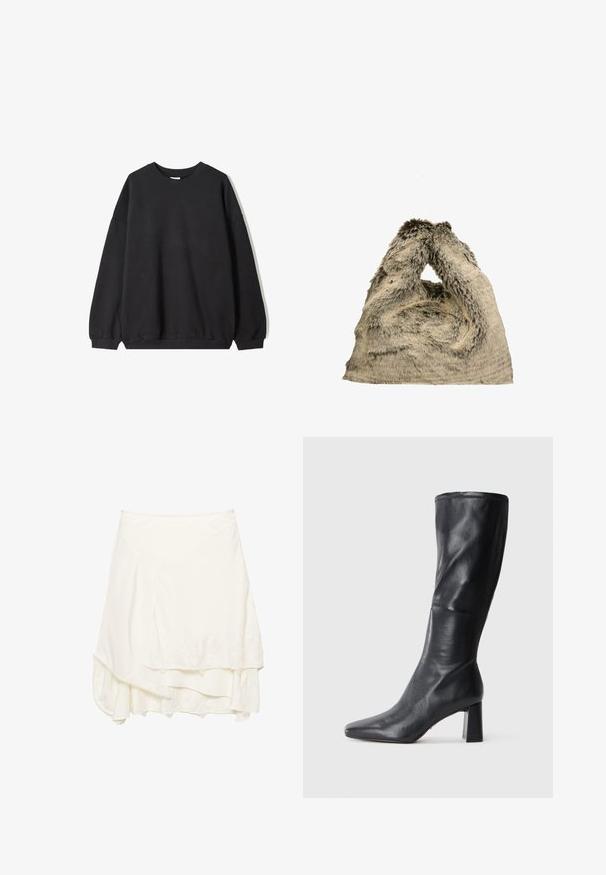 Felpa nera oversize con scollo rotondo e maniche lunghe, presentata su uno sfondo bianco. Design semplice e casual.; Gonna avvolgente bianca con design a strati, caratterizzata da dettagli in pizzo testurizzato lungo l'orlo, tessuto morbido e una silhouette fluida.; Stivale in pelle nera al ginocchio con punta affusolata e tacco largo. Texture liscia con un design elegante e dettagli di cucitura sottili.; Borsa in pelliccia sintetica di color grigio chiaro con una superficie morbida e testurizzata. Forma unica e morbida con un manico ad anello per il trasporto.