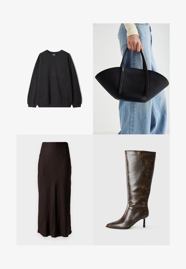 Sort oversized sweatshirt med rund hals og lange ærmer, vist mod en hvid baggrund. Simpelt og afslappet design.; Sort, mellemlang nederdel lavet af glat, letvægtsstof med en lige form og sideslids. Har en simpel talje.; Brune slidset læder knæhøj støvle med spids tå og tynd stilettohæl på en hvid baggrund.; Sort læderhåndtaske med en unik vifteform, der har flade håndtag. Overfladen har en pebblelignende tekstur og et minimalistisk design.