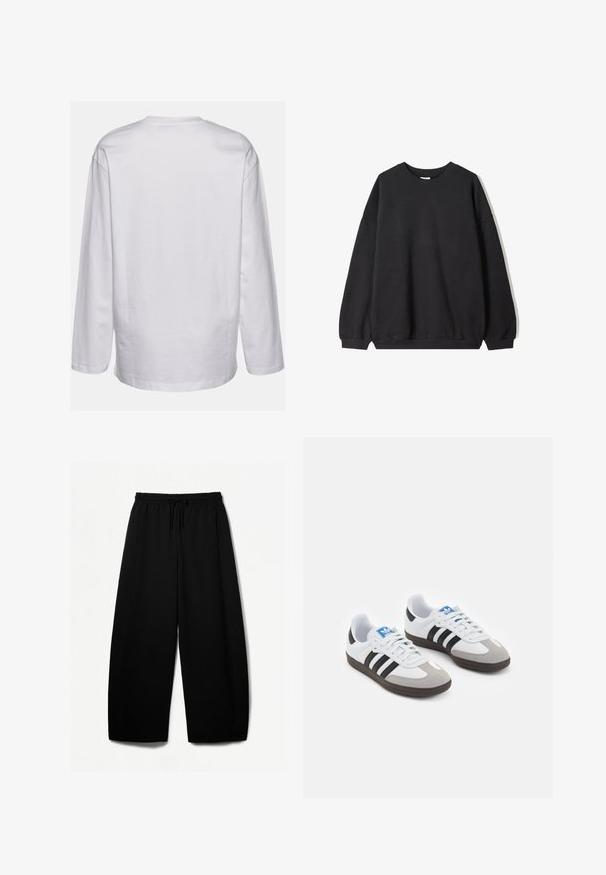 Musta ylisuurva villapaita, jossa on pyöreä kaula-aukko ja pitkät hihat, esitelty valkoista taustaa vasten. Yksinkertainen ja rento muotoilu.; DEF EVERYDAY - Pitkähihainen paita - white; Mustat leveät housut, joissa on joustava vyötärö ja kiristysnauha. Pehmeä kangas, jossa on sileä pinta. Suora leikkaus, jossa on sivusaumat.; Urheilukengät, joissa on valkoinen nahkainen päällinen, harmaa mokkanokka ja kolme mustaa raitaa. Ominaisuuksina sininen logo kielekkeessä ja kuvioitu kumipohja.