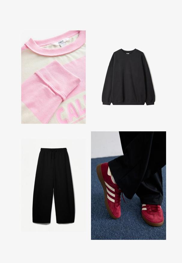 Black oversized sweatshirt with a crew neck and long sleeves, displayed against a white background. Simple and casual design.; Short-sleeve top with a cream body and pink horizontal stripes. Ribbed neckline and cuffs, featuring a graphic print in light pink.; Black wide-leg pants with an elastic waistband and drawstring. Soft fabric with a smooth texture. Straight cut with side seams.; Red suede sneaker with white stripes, lace-up design, and textured brown rubber sole. Worn with black pants, set against blue carpet.