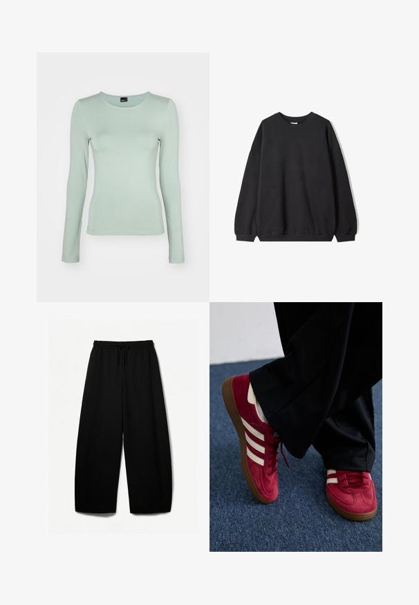 Černá oversized mikina s kulatým výstřihem a dlouhými rukávy, umístěná na bílém pozadí. Jednoduchý a neformální design.; Dlouhý rukáv, světle zelený top z měkké, elastické tkaniny s kulatým výstřihem a slim fit střihem, s hladkou texturou a jemnými švy.; Černé široké kalhoty s elastickým pasem a šňůrkou. Měkká tkanina s hladkým povrchem. Rovný střih s bočními švy.; Červené nubukové tenisky s bílými pruhy, šněrovací design a textura hnědé gumové podrážky. Noseny s černými kalhotami na modrém koberci.