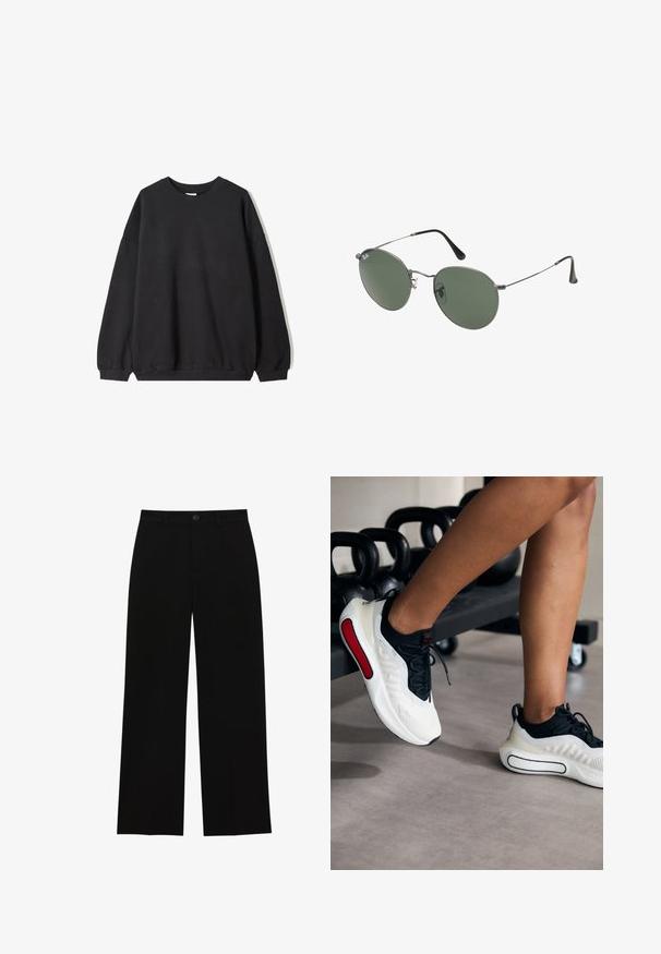 Sort oversized sweatshirt med rund hals og lange ærmer, vist mod en hvid baggrund. Simpelt og afslappet design.; Sorte, højtsiddende, brede bukser lavet af et glat stof, med flad front, knaplukning og uden synlige lommer.; Hvide og sorte sportssko med en struktureret overdel, rund tå, sorte snørebånd og en rød detalje på siden, placeret tæt ved kettlebells.; Metalrammede solbriller med ovale grønne linser. Tynd sølvmetalramme og sorte ørepropper. Minimalistisk design, ingen synlige logoer.