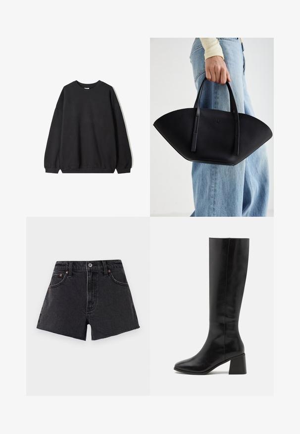 Černá oversized mikina s kulatým výstřihem a dlouhými rukávy, umístěná na bílém pozadí. Jednoduchý a neformální design.; Černé džíny kraťasy s vysokým pasem, roztrhaným lemem, předními kapsami a měděnými nýty. Hladká textura a klasický střih.; ONLY SHOES ONLBIJOU KNEE HIGH BOOT - Vysoká obuv - black; Černá kožená kabelka s jedinečným tvarováním ve tvaru vějíře, vybavená plochými uchy. Povrch má jemně zrnitou texturu a minimalistický design.
