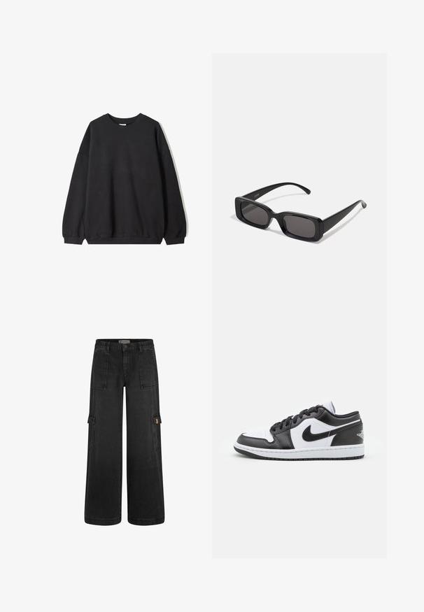 Černá oversized mikina s kulatým výstřihem a dlouhými rukávy, umístěná na bílém pozadí. Jednoduchý a neformální design.; Černé cargo kalhoty s volným střihem, elastickým pasem, několika předními kapsami a bočními cargo kapsami. Vyrobené z odolného džínového materiálu.; Černobílé nízké tenisky Nike mají hladký kožený svršek, kulatou špičku, šněrování a vzorovanou gumovou podrážku.; Černé obdélníkové sluneční brýle s tmavými skly, lesklým povrchem, širokými ramínky a robustním designem rámu. Vytlačený název značky na jednom ramínku.