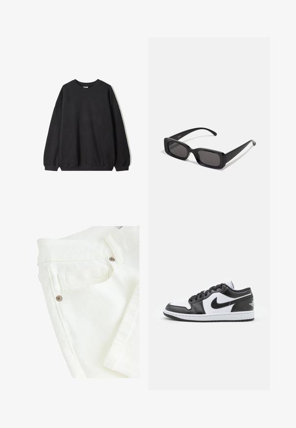 Czarny, oversize sweter z okrągłym dekoltem i długimi rękawami, prezentowany na białym tle. Prosty i casualowy design.; Białe dżinsy o gładkiej fakturze, z podwójnym szwem w pasie, kieszeniami z przodu i metalowymi elementami wykończeniowymi.; Czarno-białe niskie sneakersy Nike mają górną część wykonaną z gładkiej skóry, okrągły czubek, związane zapięcie oraz wzorzystą gumową podeszwę.; Czarne prostokątne okulary przeciwsłoneczne z ciemnymi szkłami, błyszczącym wykończeniem, szerokimi zausznikami i masywną konstrukcją. Wygrawerowana nazwa marki na jednym z zauszników.