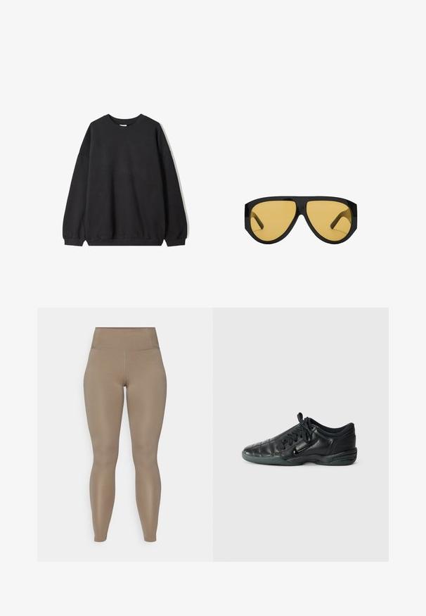 Felpa nera oversize con scollo rotondo e maniche lunghe, presentata su uno sfondo bianco. Design semplice e casual.; Leggings a vita alta di colore beige uniforme. Realizzati in un materiale liscio ed elastico senza motivi o accessori visibili.; Scarpa sportiva in pelle nera con un design trapuntato, punta rotonda, allacciatura frontale e suola in gomma. Presenta un marchio discreto sul lato.; Occhiali da sole con una struttura in plastica nera elegante e lenti gialle, caratterizzati da una forma angolare distintiva e grandi tempie per una maggiore copertura.