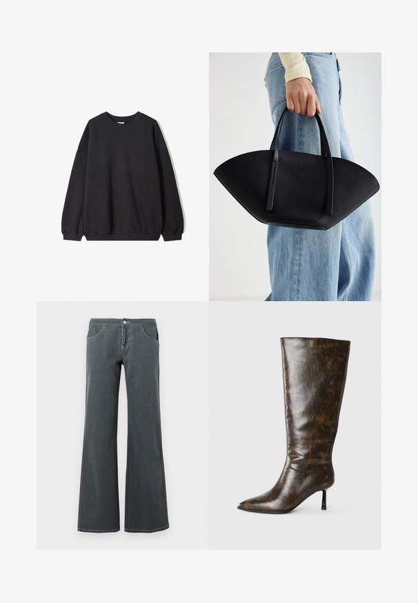 Crni oversized dukserica s okruglim izrezom i dugim rukavima, prikazana na bijeloj pozadini. Jednostavan i ležeran dizajn.; Sivi traperice s proširenim nogavicama izrađene od denima s glatkom teksturom. Značajke uključuju kopčanje na gumbe, petlje za pojas i prednje džepove.; Smeđa izlizana kožna čizma do koljena s šiljastim nosom i tankom stiletto potpeticom na bijeloj pozadini.; Crna kožna torba jedinstvenog oblika ventilatora, s ravnim ručkama. Površina ima teksturu sličnu šljunku i minimalistički dizajn.