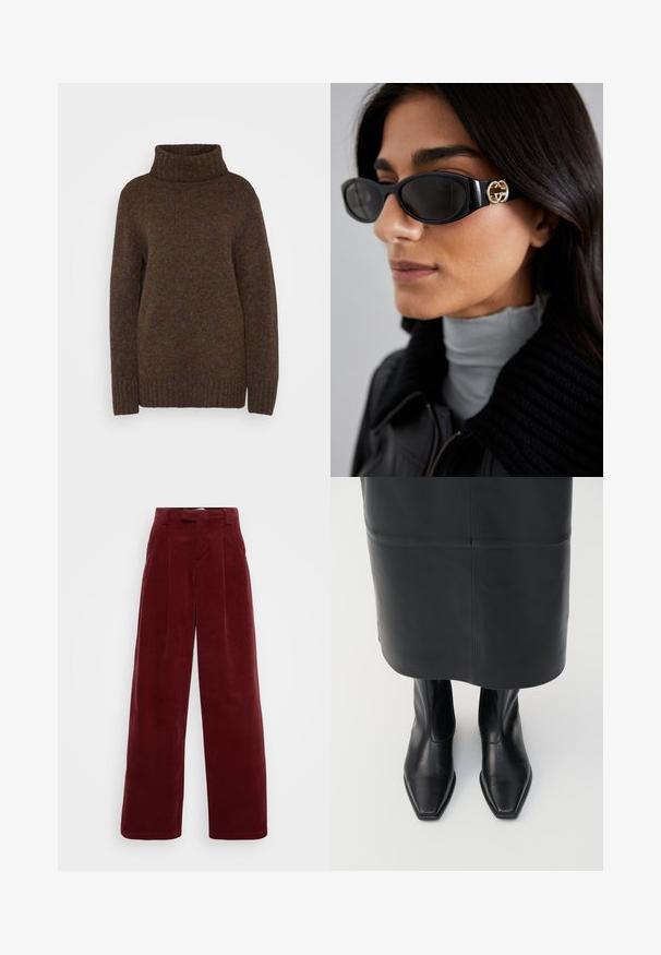 Suéter de punto marrón con un alto cuello de tortuga acanalado, corte holgado y tela texturizada que presenta sutiles motas multicolores en toda su superficie.; ONLY Tall ONLSVEA NESSA CORD WIDE - Pantalones - cabernet; Botas altas de cuero negro con diseño de punta cuadrada y cremallera lateral. Textura suave y hardware minimalista; combinadas con una falda de cuero negro.; Gafas de sol negras con un elegante marco rectangular y un acento de logotipo dorado en el lateral. Las lentes oscuras y el acabado brillante son prominentes.; Bolso de ante marrón con dos asas resistentes, forma rectangular y un detalle decorativo en forma de correa en la parte frontal.