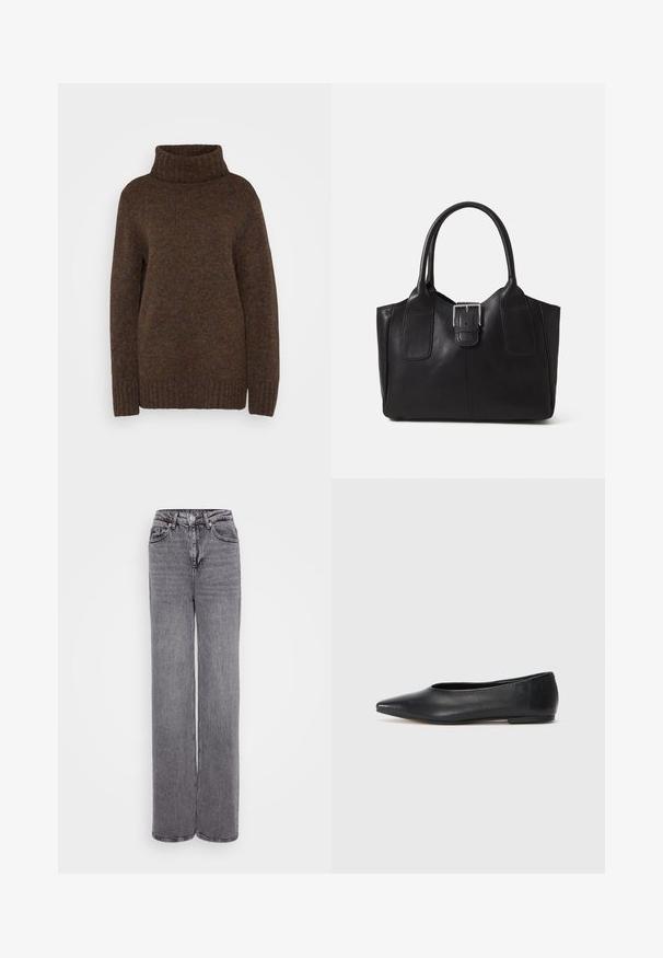 Ruskea neulepaita, jossa on korkea ribattu korkea kaulus, löysä malli ja teksturoitu kangas, jossa on hienovaraisia monivärisiä ripauksia kauttaaltaan.; Harmaat korkea vyötäröiset farkut suoranlahkeisella suunnittelulla, napilla ja vetoketjulla suljettuna, viisi taskua sekä teksturoitu farkkukangas.; Musta nahkainen ballerinatyyppinen kenkä, terävä kärki, minimalinen muotoilu, sileä pinta, matala korko, ei näkyvää metalliosaa tai koristeita.; Musta nahkainen olkalaukku, jossa on sileä pinta, ryhdikäs muoto, kaksi kahvaa ja silmienpistävä hopeinen solkiyksityiskohta edessä.