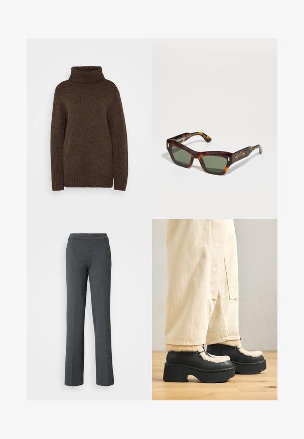 Barna kötött pulóver magas bordás garbónyakkal, laza szabással és textúrált anyaggal, amelyben finom, több színű flekkek találhatók.; Szürke, könnyű, harang szabású nadrág, gumis derékkal. Simaság és egyszerű dizájn jellemzi, alkalmas hétköznapi viseletre.; Fekete platform csizmák kerek orral, bolyhos krémszínű gallérral és fűzős részletekkel, laza bézs nadrággal, egy fa padlón.; Állatmintás napszemüveg, téglalap alakú zöld lencsékkel. Vastag keret arany díszítéssel a templomokon. Simaság és szögletes forma jellemzi.