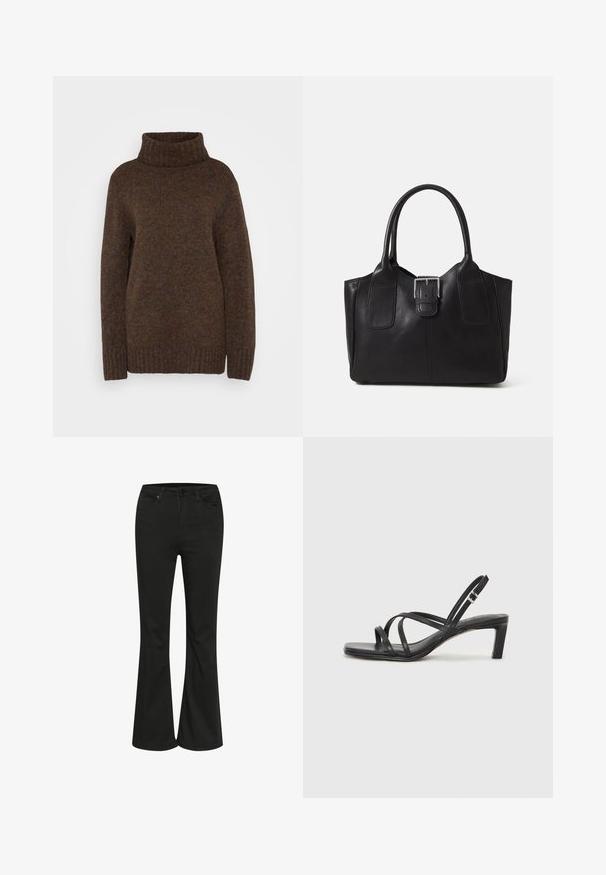 Barna kötött pulóver magas bordás garbónyakkal, laza szabással és textúrált anyaggal, amelyben finom, több színű flekkek találhatók.; Fekete bővülő farmernadrág sima textúrával, klasszikus ötpocket dizájnnal és fémből készült gombos zárással. Feszes derékkal készült.; Fekete pántos szandál négyzetes orral és alacsony blokk sarkal. Több vékony pánttal és állítható boka pánttal rendelkezik. Sima bőrből készült.; Fekete bőr bevásárlótáska sima textúrával, strukturált formával, két fogantyúval és egy figyelemfelkeltő ezüst csattal az elején.