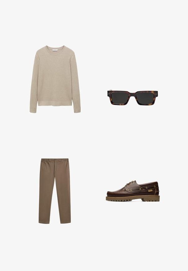 Beige gerippter Strickpullover mit langen Ärmeln, Rundhalsausschnitt und abgeschnittenem Saum. Der Stoff wirkt weich und hat ein strukturiertes Muster.; Braune Baumwollchinos mit geradem Bein, elastischem Bund und Vordertaschen. Glatte Textur und minimale Nahtdetails.; Braune Leder-Halbschuhe mit Schnürung und gestickten Details, mit dicker Gummisohle, von der Seite betrachtet.; Massimo Dutti RECTANGULAR - Sonnenbrille - dark brown