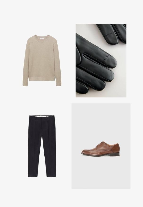 Béžový rebrovaný pletený sveter s dlhými rukávmi, okrúhlym výstrihom a strihaným lemom. Tkanina sa zdá byť jemná s textúrovaným vzorom.; Mango Oblekové nohavice - royal blue; Hnedé kožené spoločenské topánky s hladkým povrchom, zaoblenou špičkou, viazaním na päť dierok a nízkym, plochým podpätkom. Diskrétny šev cez boky.; Čierne kožené rukavice s hladkou textúrou, elegantným dizajnom a výrazným prešívaním pozdĺž prstov, pričom každý prst má mierne zaoblený hrot.; Pier One SET - Hodinky - black/brown