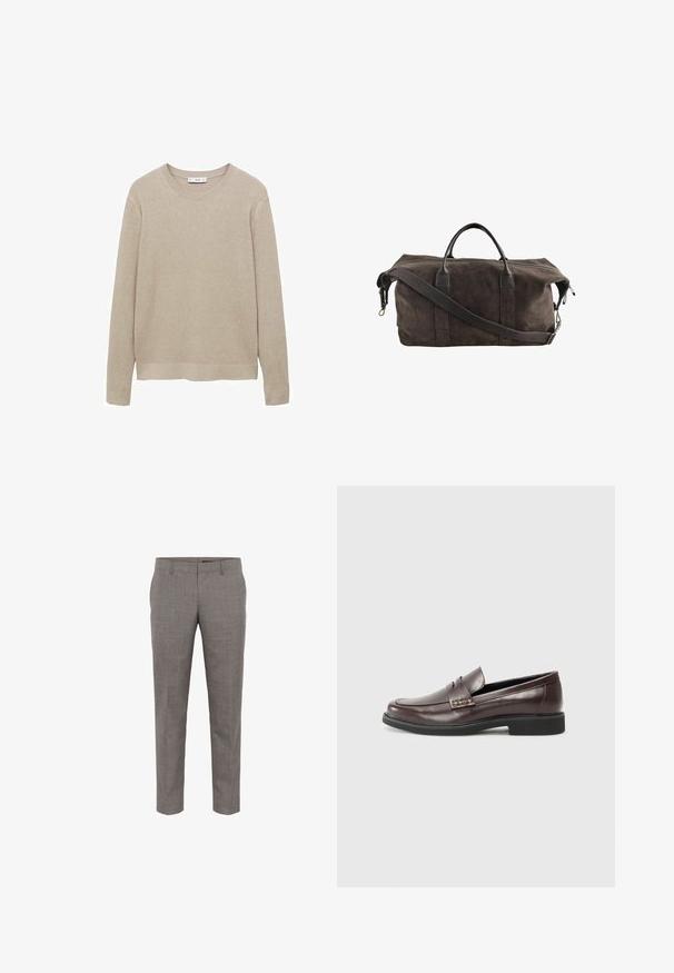 Béžový rebrovaný pletený sveter s dlhými rukávmi, okrúhlym výstrihom a strihaným lemom. Tkanina sa zdá byť jemná s textúrovaným vzorom.; Sivé, tailored nohavice vyrobené z textúrovanej tkaniny, so slim fit strihom, bočnými vreckami a plochým predným dizajnom.; Hnedé kožené mokasíny s hladkým povrchom, so subtilným prešitím na hornom diele a čiernou gumovou podrážkou.; Tmavohnedá semišová taška cez plece s koženými rúčkami a nastaviteľným ramenným popruhom, s horným zipsom na uzatváranie.