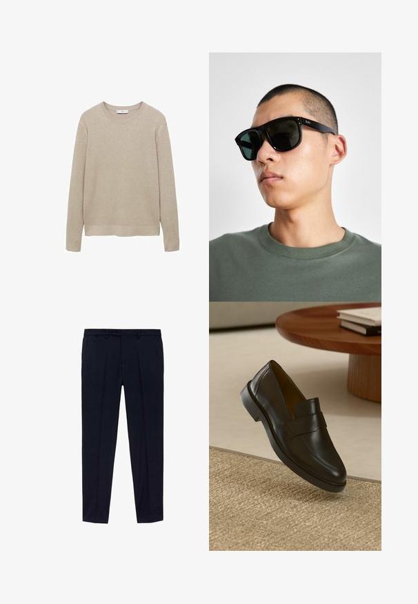 Bežani rebrasti pleteni džemper s dugim rukavima, okruglim izrezom i izrezanim rubom. Tkanina izgleda mekano s teksturiranim uzorkom.; Mornarske plave hlače s ravnim prednjim dijelom, izrađene od glatkog materijala. Značajni detalji uključuju dva bočna džepa i patentni zatvarač s kopčom na dugme.; Crni kožni mokasini s glatkom završnom obradom, zaobljenim vrhom i ukrasnom trakicom preko gornjeg dijela. Nizak gumeni potplat, postavljen na teksturiranoj površini.; Crne pravokutne sunčane naočale s tamnim lećama, koje imaju upečatljiv oblik i brend na ručki. Nosene od strane osobe u zelenoj košulji.