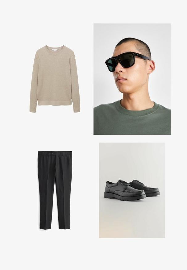 Beige gerippter Strickpullover mit langen Ärmeln, Rundhalsausschnitt und abgeschnittenem Saum. Der Stoff wirkt weich und hat ein strukturiertes Muster.; Schwarze maßgeschneiderte Hose mit flachem Vorderteil, zwei seitlichen Taschen und Knopfverschluss. Glatte Textur und gerade Beinform.; Schwarze Lederschuhe mit strukturiertem Obermaterial, runder Spitze, Schnürdesign und dicken Gummisohlen mit einem Profil.; Schwarze rechteckige Sonnenbrille mit dunklen Gläsern, die eine markante Form und eine Markierung am Bügel aufweist. Getragen von einer Person in einem grünen Hemd.